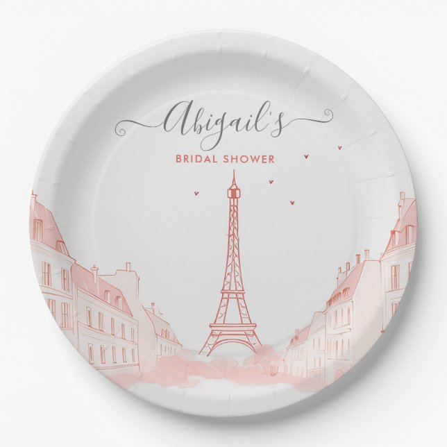 Chic Peach Pink Photo Eiffel Tower Bridal Shower Paper Plate (Front)