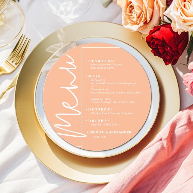 Chic Peach Round Menu (Chic peach round menu with your choices in white lettering. )