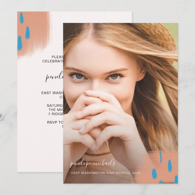 Chic Peach Splashes Photo Graduation Party Invitation (Front/Back)