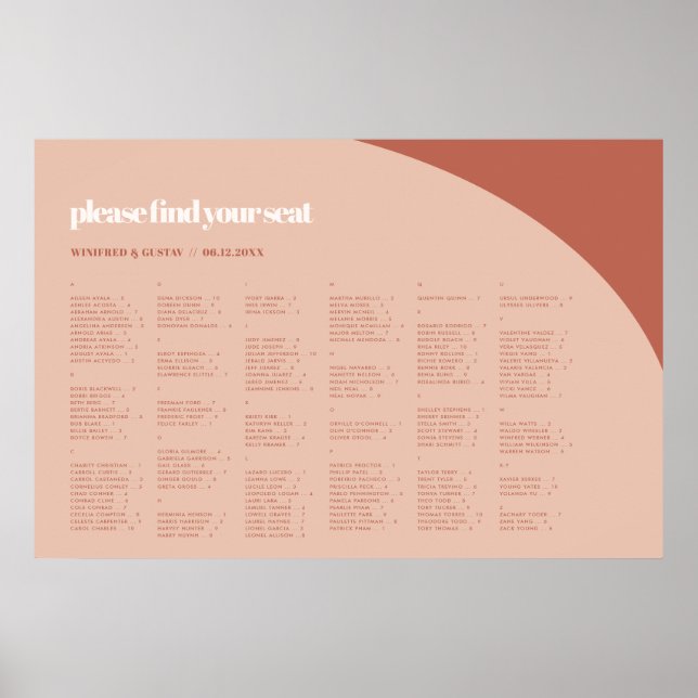 Chic peach terracotta Alphabetical seating chart (Front)