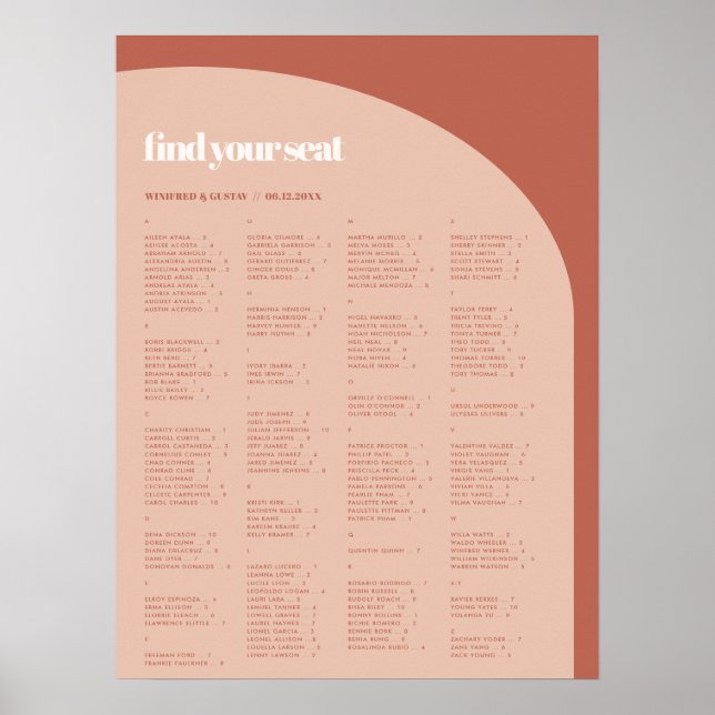 Chic peach terracotta Alphabetical seating chart (Front)