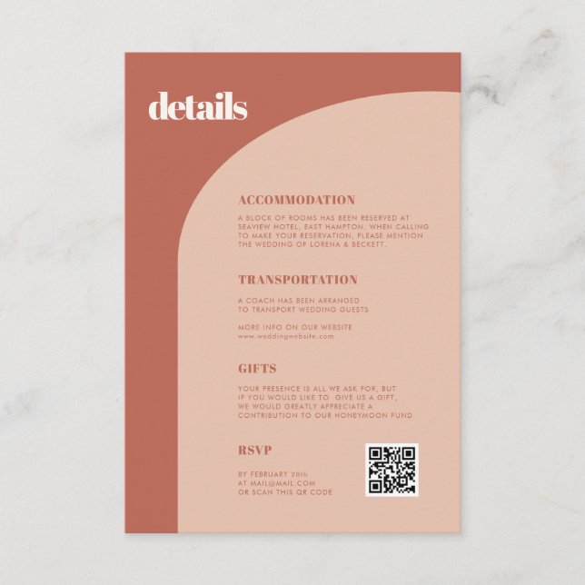 Chic peach terracotta arch wedding details QR code Enclosure Card (Front)