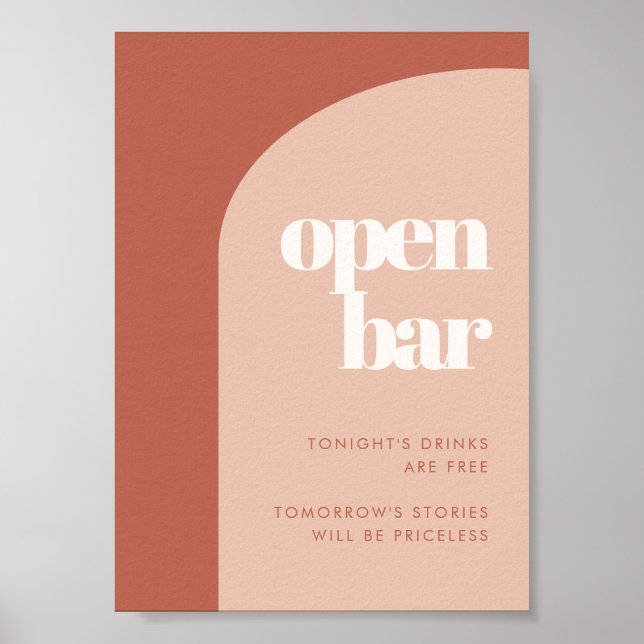 Chic peach terracotta arch wedding Open Bar sign (Front)
