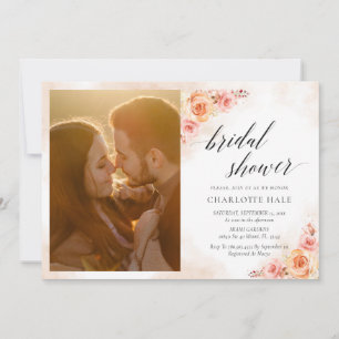 Chic Peach Watercolor Floral Photo Bridal Shower Invitation