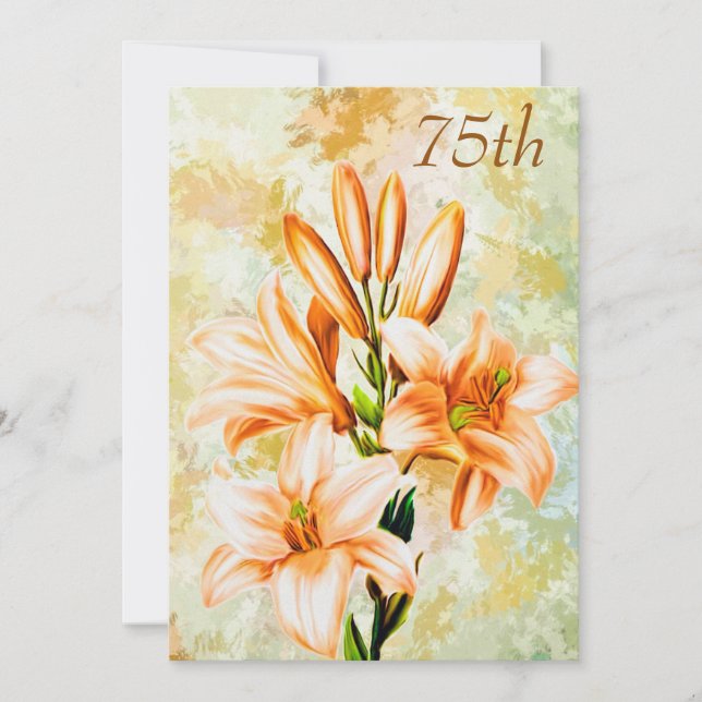 Chic Peach & White Lilies 75th Birthday Invitation (Front)