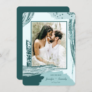 Chic Peacock Abstract Paint Brush Strokes Photo Save The Date