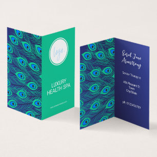 CHIC PEACOCK FEATHER TEAL GREEN BLUE LOGO FOLDED BUSINESS CARD