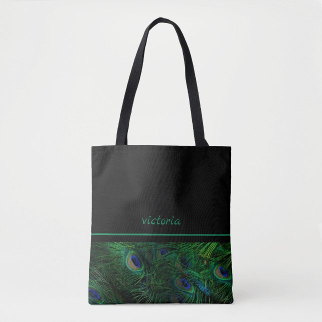 Chic Peacock Feathers Monogrammed Tote Bag (Front)
