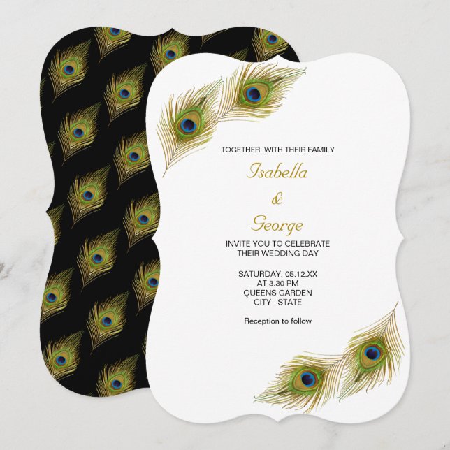 Chic Peacock Feathers on Black & White Wedding Invitation (Front/Back)