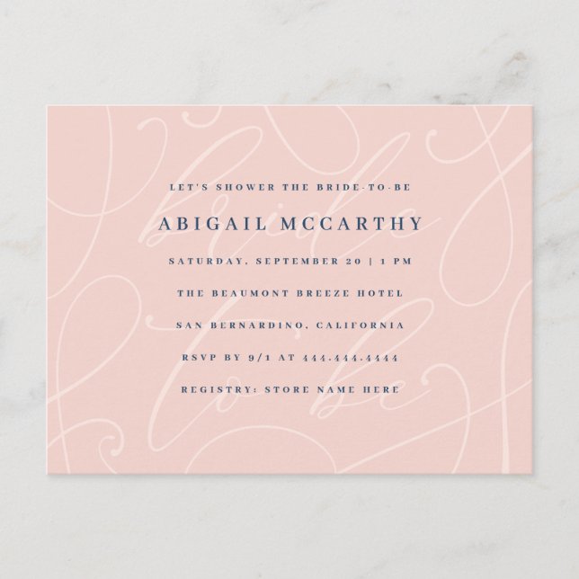 Chic Pearl Blush & Moroccan Blue Bridal Shower Invitation Postcard (Front)