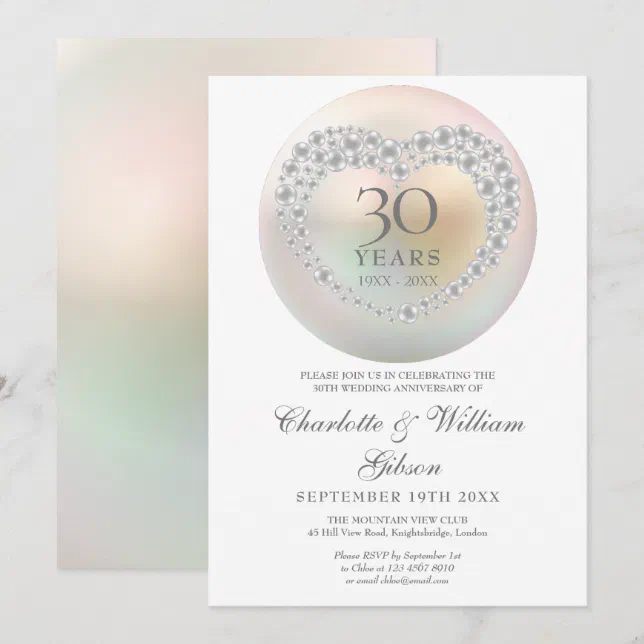 Chic Pearl Heart 30th Wedding Anniversary Invitation | Zazzle