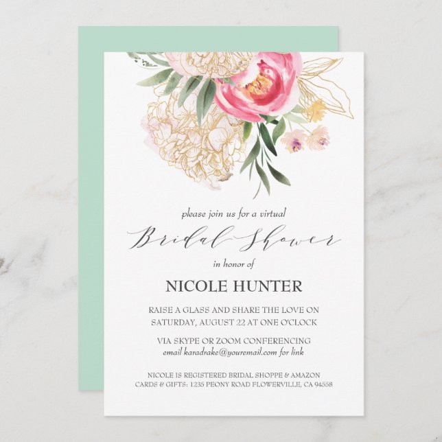 Chic Peonies gold Flowers VIRTUAL Bridal Shower Invitation (Front/Back)
