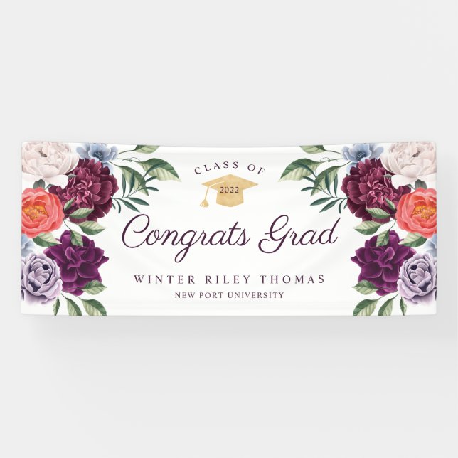Chic Peonies Rose Floral Graduate Graduation Party Banner (Horizontal)