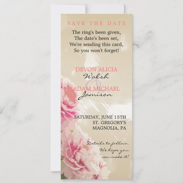 Chic Peony Floral Wedding Save the Date (Front)