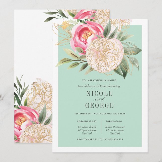 Chic Peony Gold  Flower Wedding  Rehearsal Dinner Invitation (Front/Back)