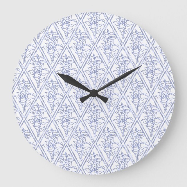 Chic Periwinkle Blue Floral Diamond Pattern Large Clock (Front)