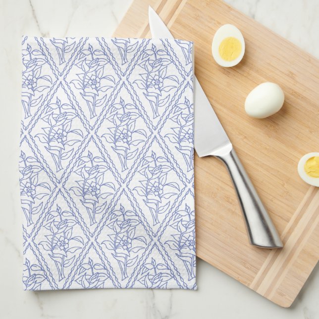 Chic Periwinkle Blue White Floral Diamond Pattern Tea Towel (Quarter Fold)