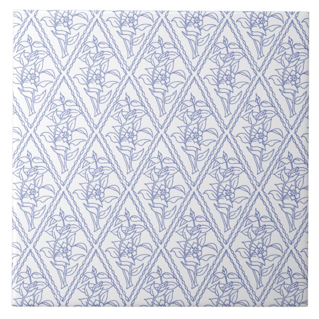 Chic Periwinkle Blue White Floral Diamond Pattern Tile (Front)