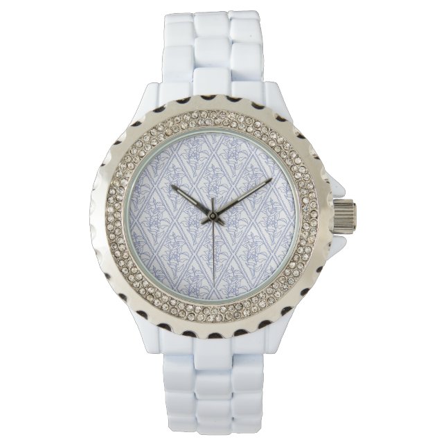 Chic Periwinkle Blue White Floral Diamond Pattern Watch (Front)