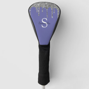Chic Periwinkle Silver Glitter Drips Monogram Name Golf Head Cover