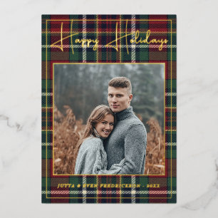Chic Personalised Classic Plaid Pattern Gold Foil Holiday Card
