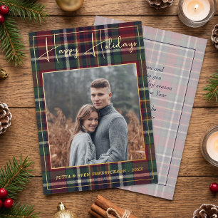 Chic Personalised Classic Plaid Pattern Gold Foil Holiday Card