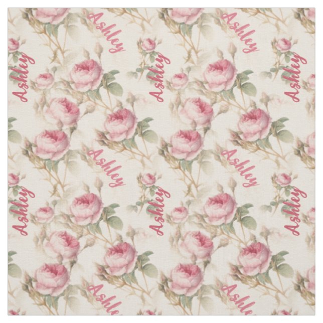 Chic Personalised Coral Rose Print with Name Fabric (Swatch)