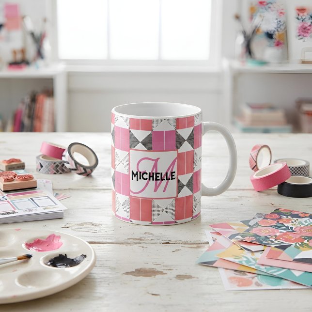 Chic Personalised Monogram Modern Pink Patchwork Coffee Mug (Creator Uploaded)