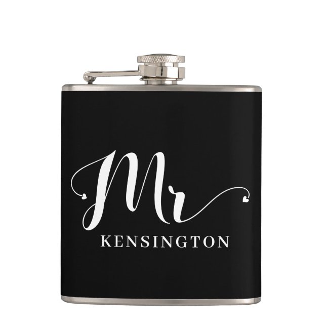 Chic Personalised Mr Newlywed Typography Hip Flask (Front)