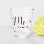 Chic Personalised Mr Newlywed Typography Shot Glass<br><div class="desc">Chic Personalised Mr Newlywed Typography Shot Glasses - get one for the Mrs,  too!</div>