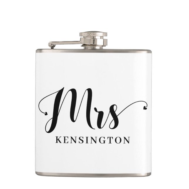 Chic Personalised Mrs Newlywed Typography Hip Flask (Front)