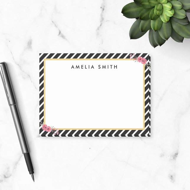 Chic Personalised Name Black Stripes Pink Flowers Post-it Notes (Creator Uploaded)
