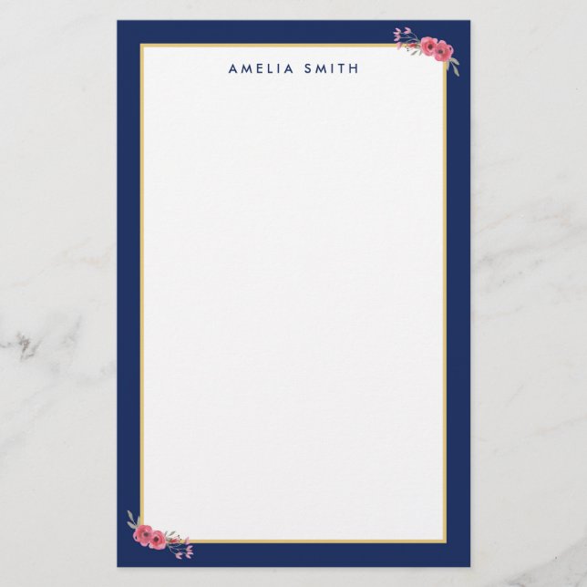 Chic Personalised Name Blue Border Pink Flowers Stationery (Front)