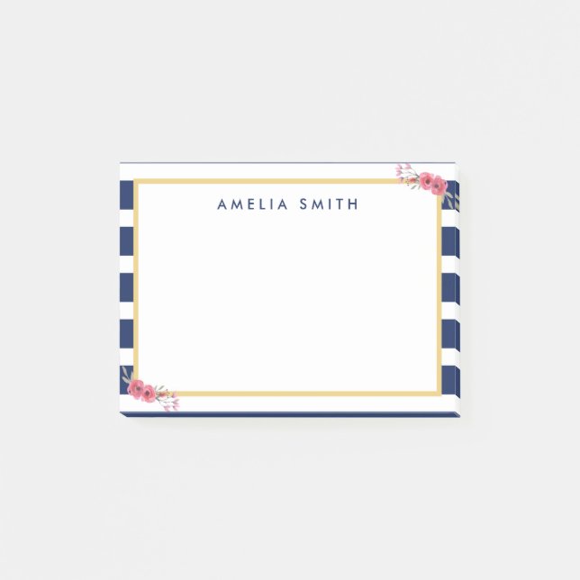 Chic Personalised Name Blue Stripes Pink Flowers Post-it Notes (Front)