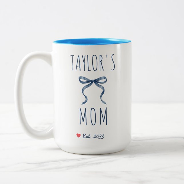 Chic Personalised Name Mum Est Year Navy Blue Bow Two-Tone Coffee Mug (Left)