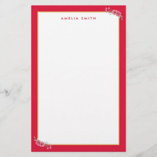 Chic Personalised Name Pink Border Pink Flowers Stationery