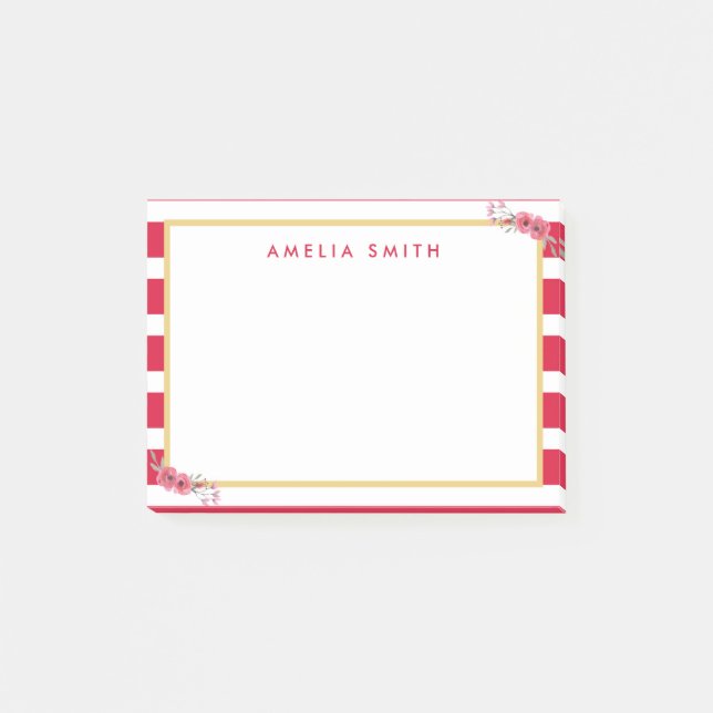 Chic Personalised Name Pink Stripes Pink Flowers Post-it Notes (Front)