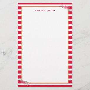 Chic Personalised Name Pink Stripes Pink Flowers Stationery