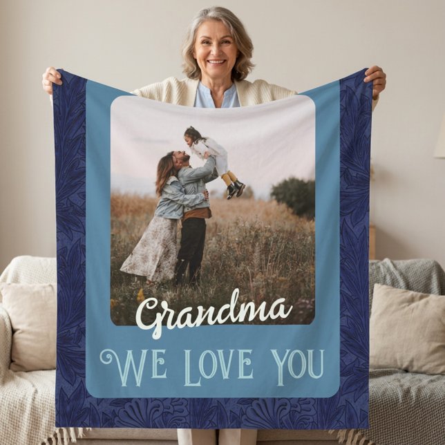 Chic Personalised Photo Text Grandma Gift Blue Fleece Blanket (Chic Personalized Photo Text Grandma Gift Blue Fleece Blanket)