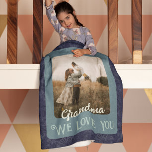 Chic Personalised Photo Text Grandma Gift Blue Fleece Blanket