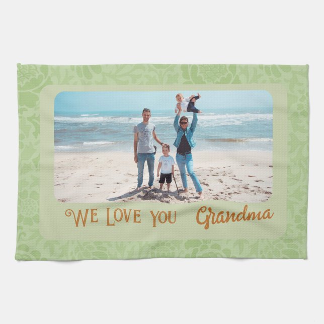 Chic Personalised Photo Text Grandma Gift Green Tea Towel (Horizontal)