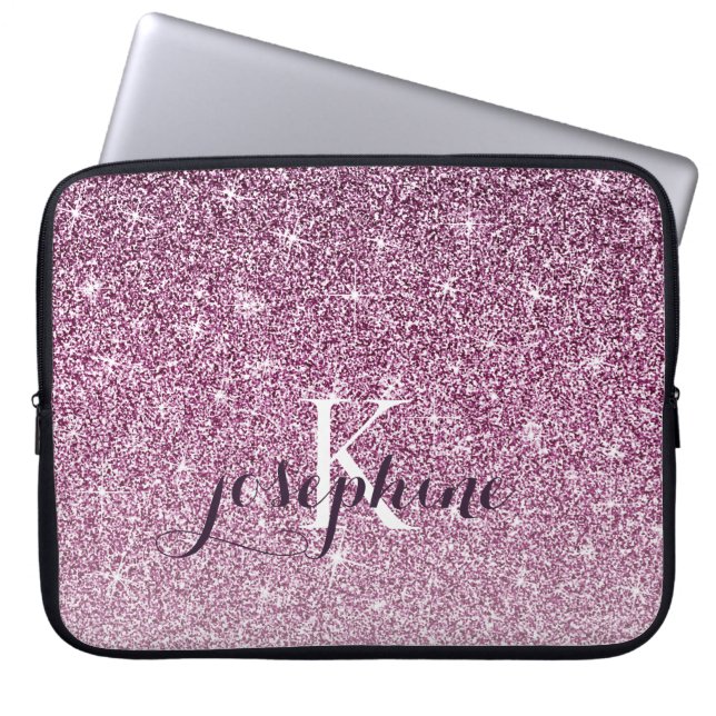 Chic Personalised Purple Sparkle Glitter Monogram Laptop Sleeve (Front)