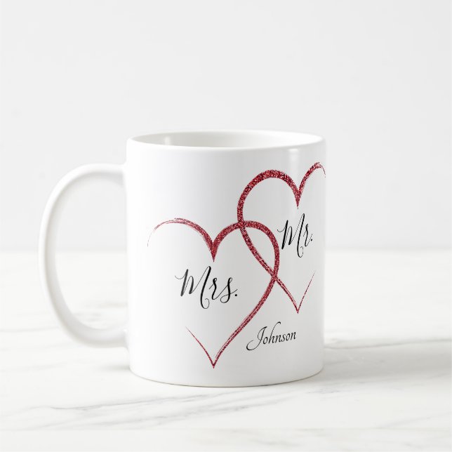 Chic Personalised Red Glitter Hearts Coffee Mug (Left)