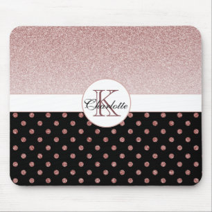 Chic Personalised Rose Gold Glitter Polka Dot Name Mouse Mat