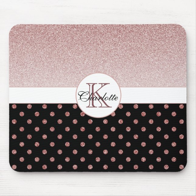 Chic Personalised Rose Gold Glitter Polka Dot Name Mouse Mat (Front)