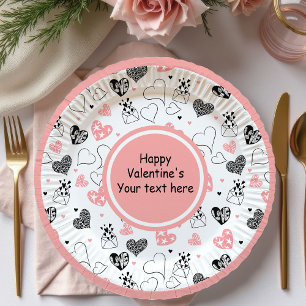 Chic Personalized Pink Black Hearts Cute Valentine Paper Plate
