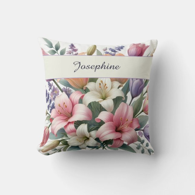 Chic Personalized Watercolor Floral Pink Orange Cushion (Front)