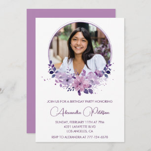 Chic Photo 22nd birthday invitation Floral Purple