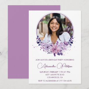 Chic Photo 24th birthday invitation Floral Purple
