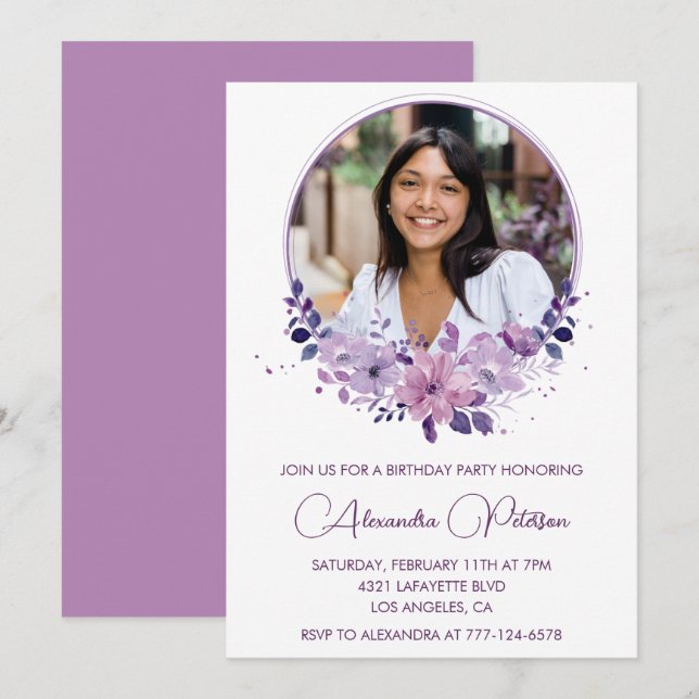 Chic Photo 27th birthday invitation Floral Purple (Front/Back)